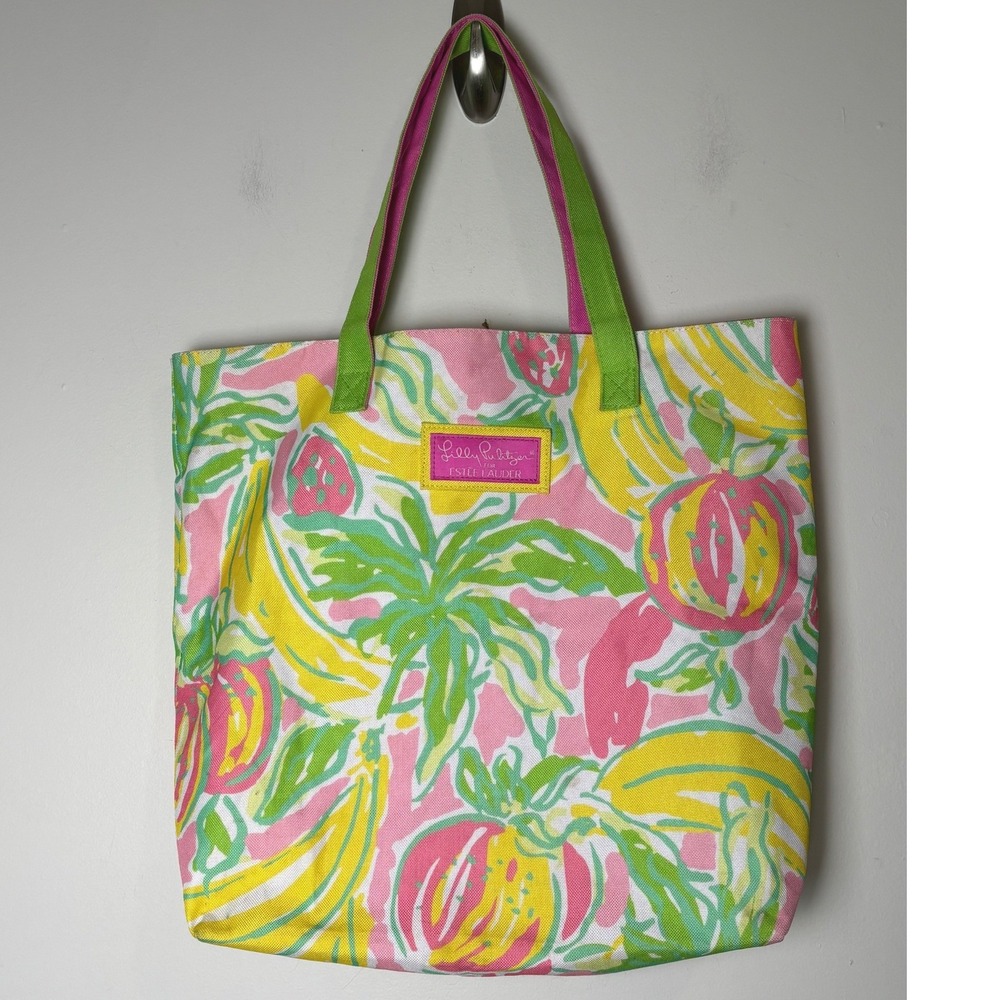 Lilly Pulitzer Estee Lauder Tote Bag Medium Tropical Fruit Print Canvas Beach